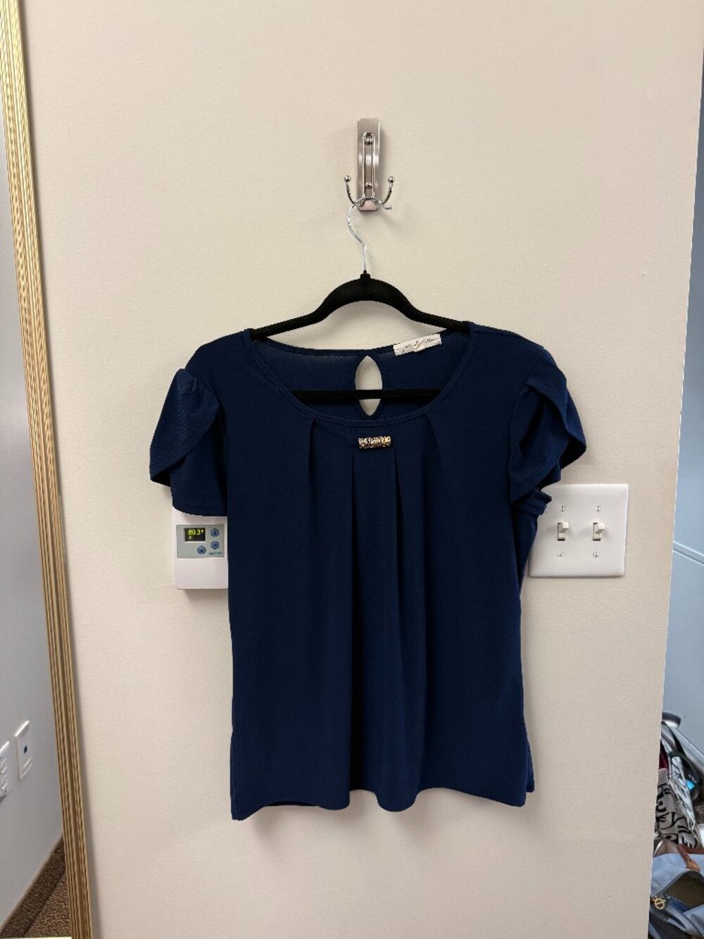 navy blouse with short sleeves